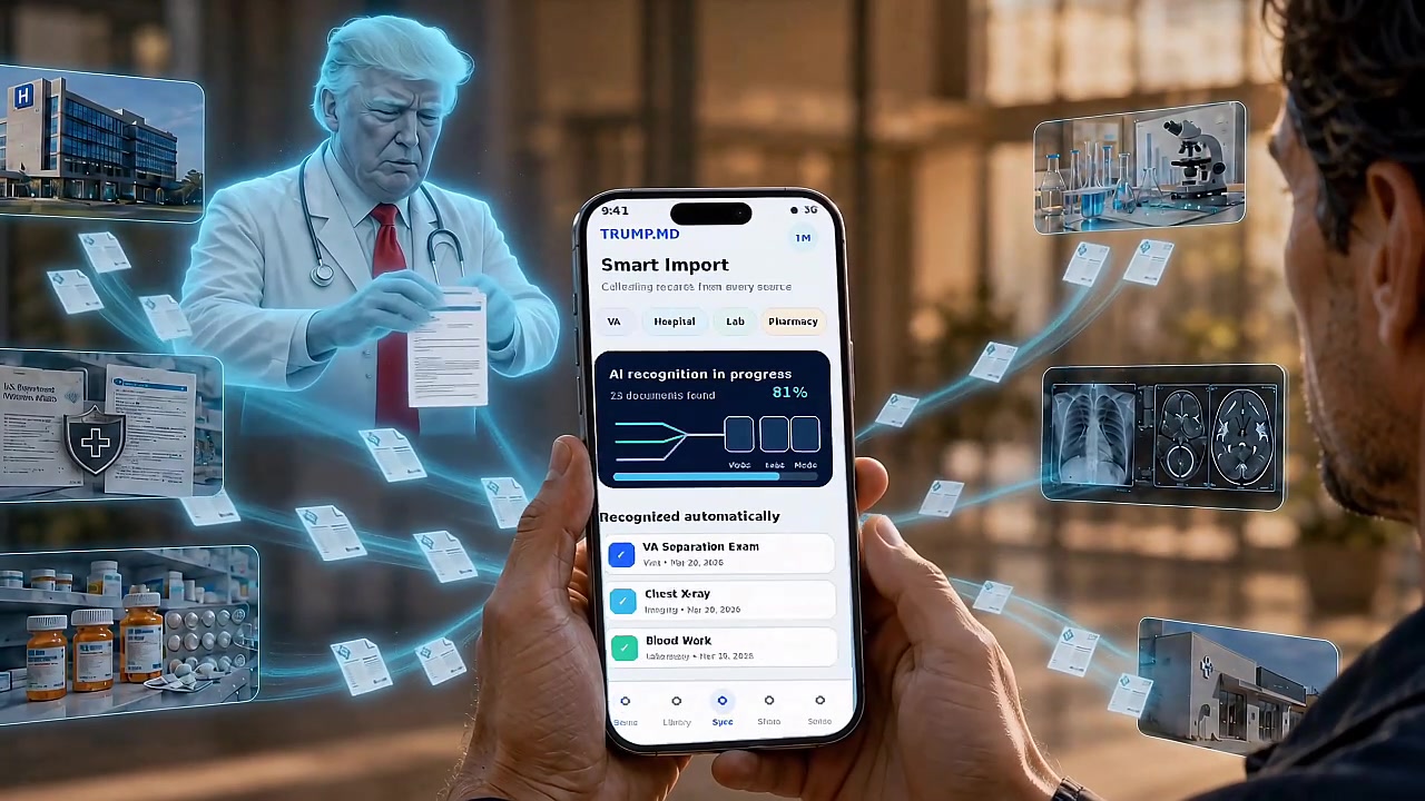Concept film still showing a patient and the proposed Trump.MD digital companion alongside a phone